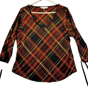 Cleo Petites Women's  Black & Gold Plaid Blouse Long Cut Out Sleeves Size Large